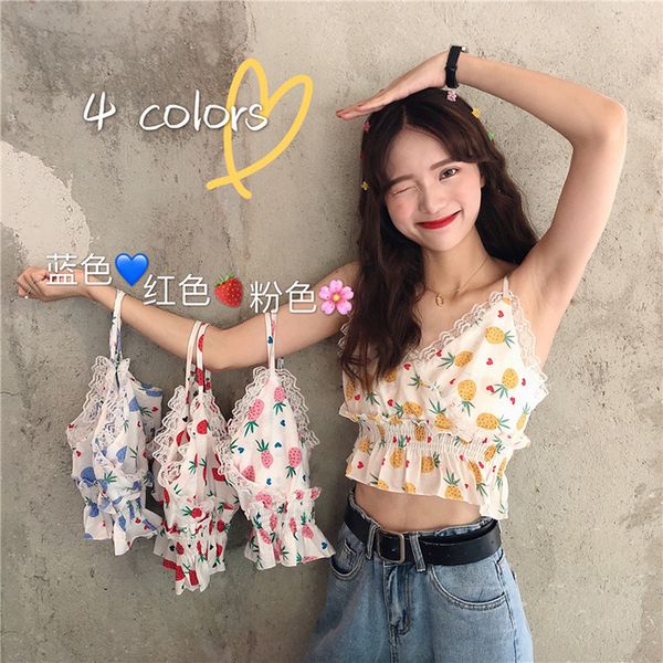new summer sweet korean style women's clothing fashion sleeveless crop female fruit print lace patchwork short camis vest, White
new summer sweet korean style women's clothing fashion sleeveless crop female fruit print lace patchwork short camis vest, White