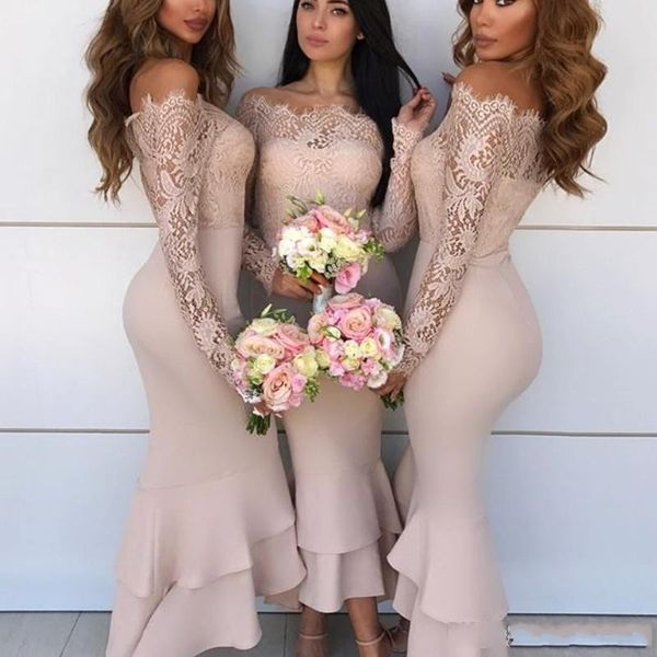 2020 mermaid bridesmaid dresses off shoulder lace appliques long sleeves tiered ruffles ankle length wedding guest dress maid of honor gowns, White;pink
2020 mermaid bridesmaid dresses off shoulder lace appliques long sleeves tiered ruffles ankle length wedding guest dress maid of honor gowns, White;pink