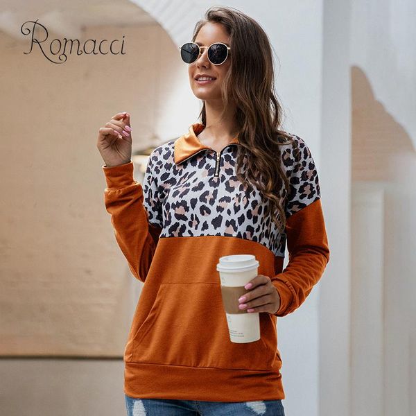 

women sweatshirt colorblock leopard print splicing hoodies turn-down collar zipper dropped shoulder casual women's sweatshirt, Black