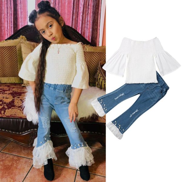 2019 baby girl clothes set autumn flare long sleeve off shoulder shirt +pearl jeans pants kids children baby girls clothing set, White
2019 baby girl clothes set autumn flare long sleeve off shoulder shirt +pearl jeans pants kids children baby girls clothing set, White