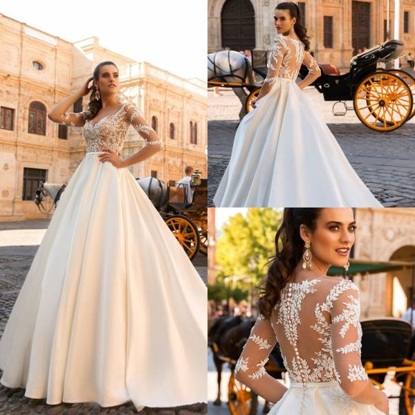 3/4 long sleeve satin a line wedding dresses 2019 lace appliqued sheer jewel neck bridal wedding gowns illusion vestido de novia, White
3/4 long sleeve satin a line wedding dresses 2019 lace appliqued sheer jewel neck bridal wedding gowns illusion vestido de novia, White