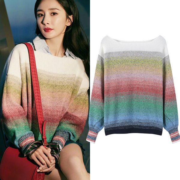 women's sweaters early autumn fashion color matching long sleeve loose rainbow sweater style one word neck, White;black
women's sweaters early autumn fashion color matching long sleeve loose rainbow sweater style one word neck, White;black