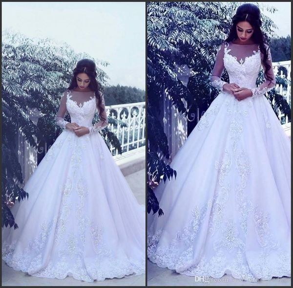 illusion high neck sheer wedding dresses elegant long sleeves tulle appliques sweep train bridal ball gowns designer custom vestidos, White
illusion high neck sheer wedding dresses elegant long sleeves tulle appliques sweep train bridal ball gowns designer custom vestidos, White