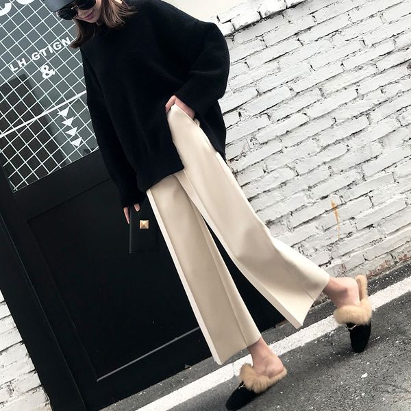 office lady ankle-length women woolen wide leg pants flat solid high trousers elastic waist wool pants for women, Black;white
office lady ankle-length women woolen wide leg pants flat solid high trousers elastic waist wool pants for women, Black;white
