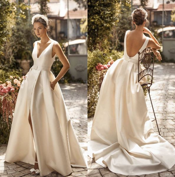 2020 lihi hod beach wedding dresses v neck satin high side split a line simple wedding gowns backless sweep train bridal dress, White
2020 lihi hod beach wedding dresses v neck satin high side split a line simple wedding gowns backless sweep train bridal dress, White
