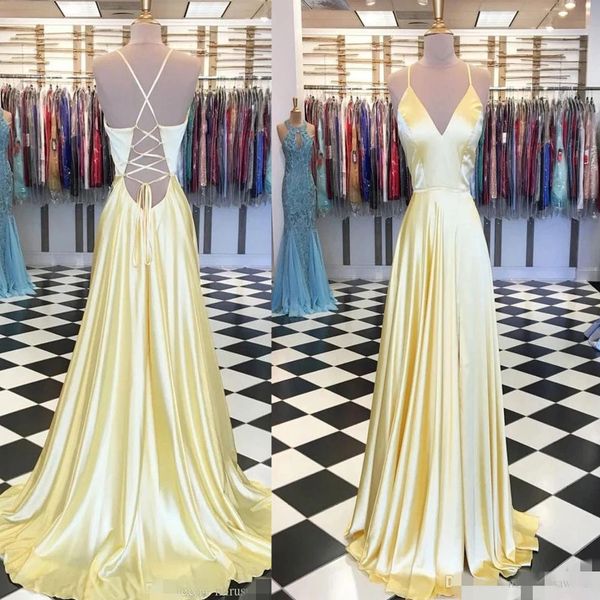 2020 yellow prom dresses spaghetti straps backless cross criss satin floor length custom made formal evening gowns robe de soirée, Black
2020 yellow prom dresses spaghetti straps backless cross criss satin floor length custom made formal evening gowns robe de soirée, Black