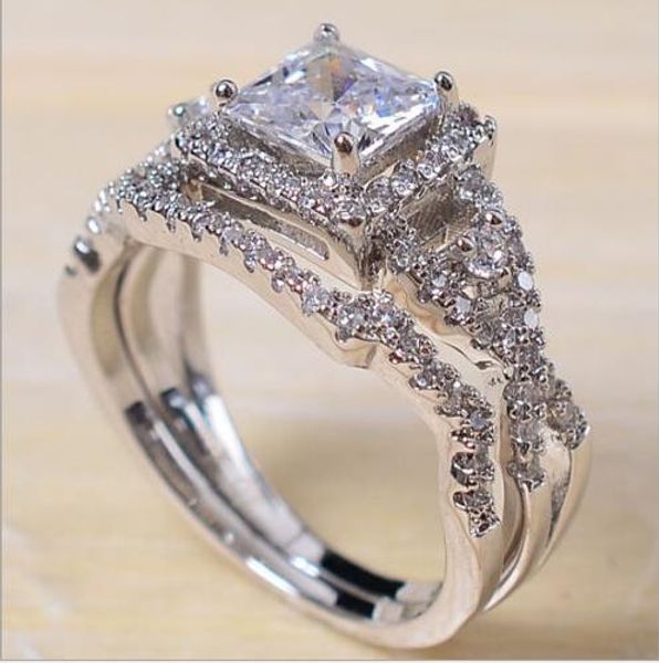 european and american square women's creative white zircon ring women's platinum plated set ring, Silver 
european and american square women's creative white zircon ring women's platinum plated set ring, Silver