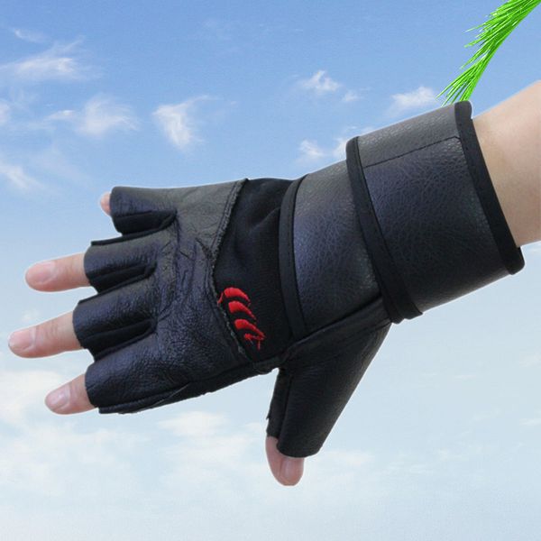 men weight-bearing glove half finger sport gloves long bracer genuine leather men's gloves, Black