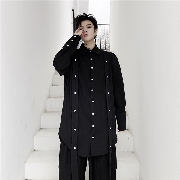 men detachable buttons ribbon long sleeve casual slim fit shirt male streetwear long style punk gothic dress shirts, White;black
men detachable buttons ribbon long sleeve casual slim fit shirt male streetwear long style punk gothic dress shirts, White;black