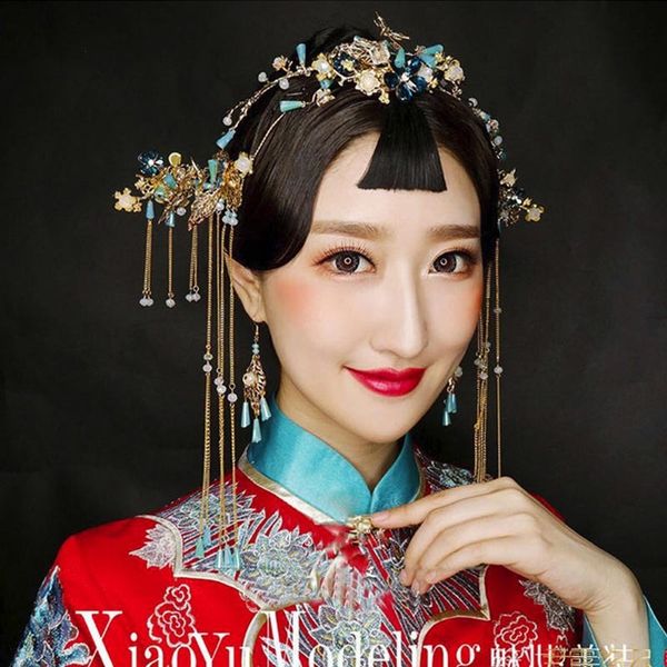 new chinese bride's chinese classic fashioned hairdress retro wedding show hairpin earring accessories, Golden;white
new chinese bride's chinese classic fashioned hairdress retro wedding show hairpin earring accessories, Golden;white