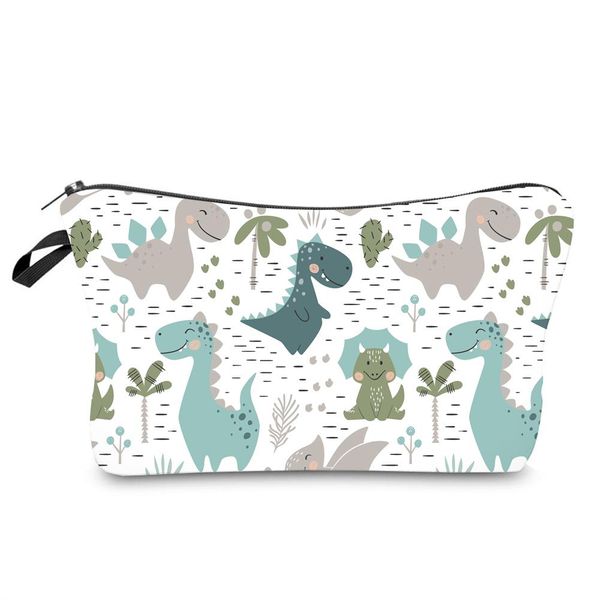 cute cartoon dinosaur print zipper makeup brush storage women's cosmetic bag