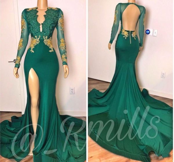 2020 hunter green split mermaid prom dresses v neck long sleeves gold lace appliques crystal beaded backless party dress evening gowns, Black
2020 hunter green split mermaid prom dresses v neck long sleeves gold lace appliques crystal beaded backless party dress evening gowns, Black
