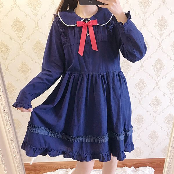 

japanese college style sweet lolita dress cute bowknot peter pan collar victorian dress kawaii girl gothic lolita op loli cos, Black;red