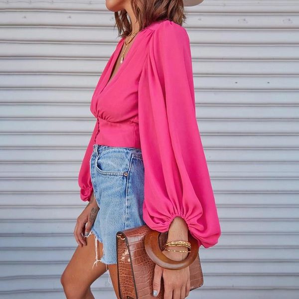 women fashion pleated solid short shirt club deep v-neck long sleeve blouse, White
women fashion pleated solid short shirt club deep v-neck long sleeve blouse, White