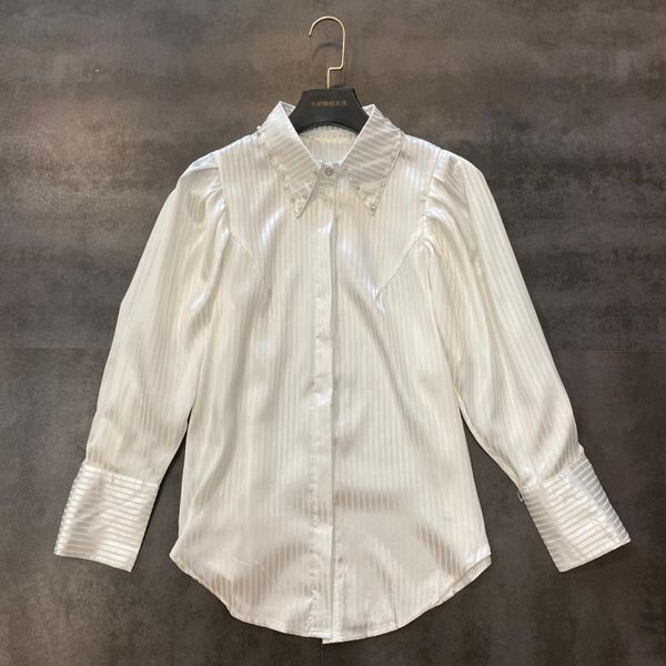 women's blouses & shirts 2021 rhinestone flowers beaded collar striped mercerized cotton long-sleeved shirt women 0502, White