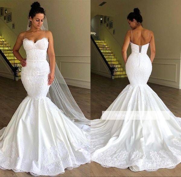 elegant spaghetti mermaid wedding dresses lace appliques sweep train sleeveless bridal gown vestido de novia bc1956, White
elegant spaghetti mermaid wedding dresses lace appliques sweep train sleeveless bridal gown vestido de novia bc1956, White