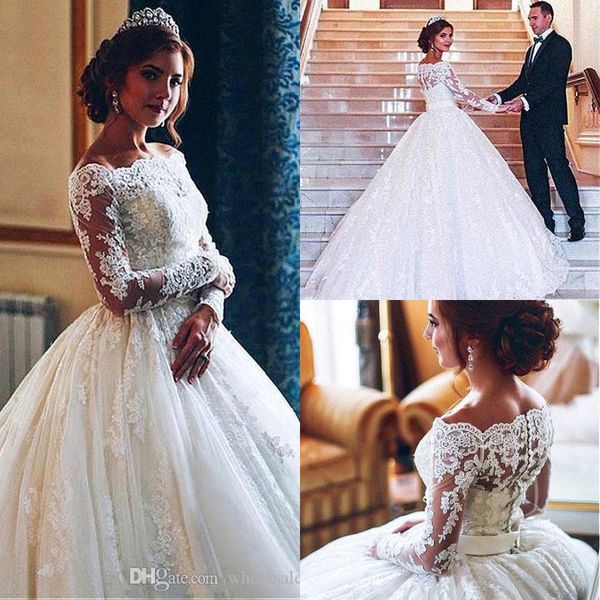 luxury arabic bateau neck lace a line wedding dresses long sleeves tulle applique court train wedding bridal gowns with buttons bc1974, White
luxury arabic bateau neck lace a line wedding dresses long sleeves tulle applique court train wedding bridal gowns with buttons bc1974, White