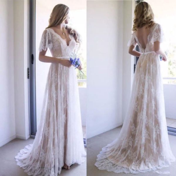 bohemian beach wedding dresses lace backless v neck a line boho bridal gowns short sleeve plus size vestido de novia wedding dress, White
bohemian beach wedding dresses lace backless v neck a line boho bridal gowns short sleeve plus size vestido de novia wedding dress, White