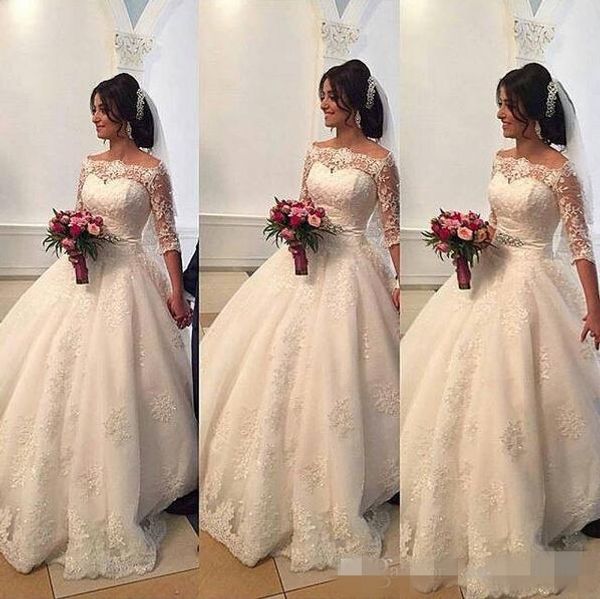 elegant 3/4 long sleeves ball gown wedding dresses bateau neckline lace applique sweep train custom made wedding bridal gown, White
elegant 3/4 long sleeves ball gown wedding dresses bateau neckline lace applique sweep train custom made wedding bridal gown, White