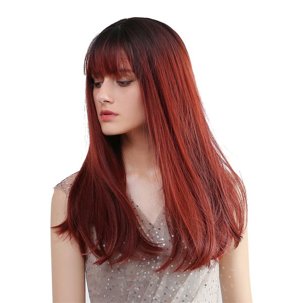 20'' charming straight synthetic wigs w/ neat bangs ombre wine red women wig, Black
20'' charming straight synthetic wigs w/ neat bangs ombre wine red women wig, Black