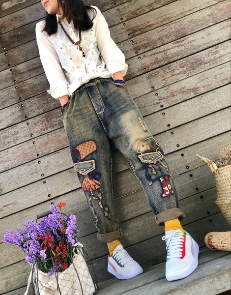 deep gray white black feer harlan cowgirl baggy pants cotton trousers bk4395, Blue