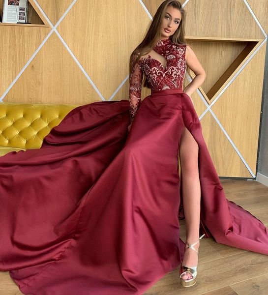 burgundy side split beaded prom dresses high neck one shoulder appliqued long sleeve evening gowns plus size satin a line formal dress, Black
burgundy side split beaded prom dresses high neck one shoulder appliqued long sleeve evening gowns plus size satin a line formal dress, Black