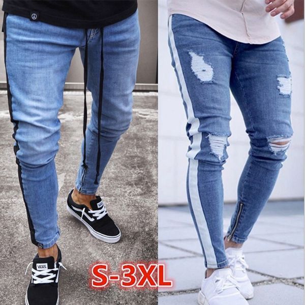 men denim ripped hole jeans side striped line jeans fashion hip hop skinny pencil for men stretch ankle zipper black, Blue
men denim ripped hole jeans side striped line jeans fashion hip hop skinny pencil for men stretch ankle zipper black, Blue