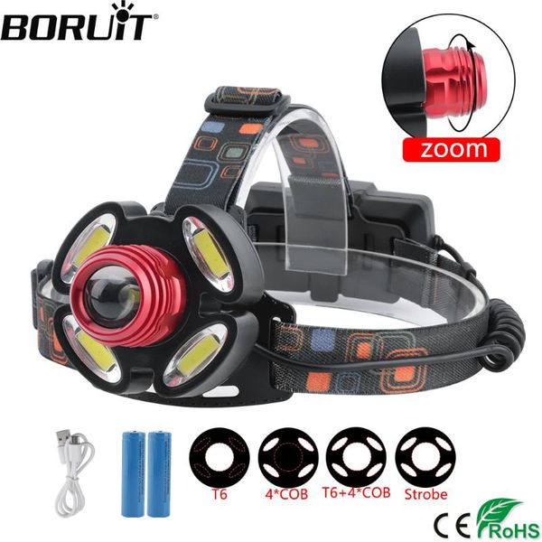 Boruit Xq-118 Xml-t6 Cob Led Headlight 4-mode Zoomable Headlamp Usb Charger Head Torch Camping Fishing 18659 Battery