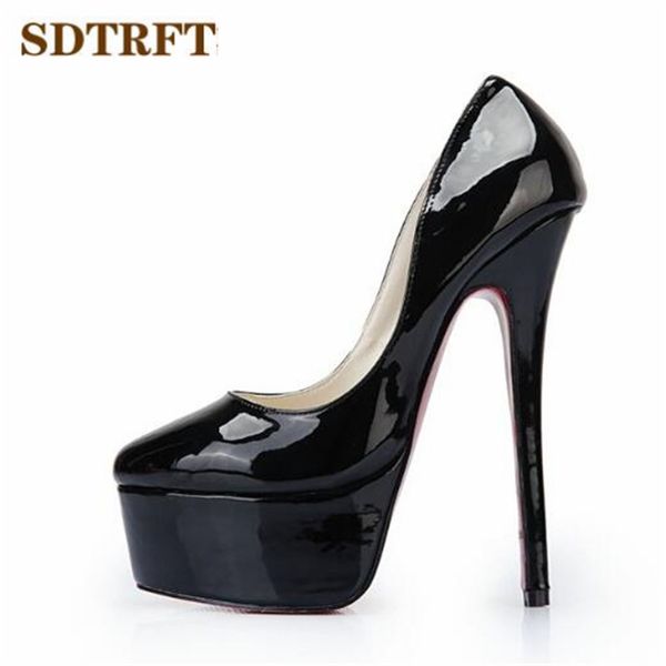 

sdtrft plus:45 46 47 48 stilettos zapatos 16cm thin heels patent leather platform wedding shoes woman shallow mouth pumps, Black