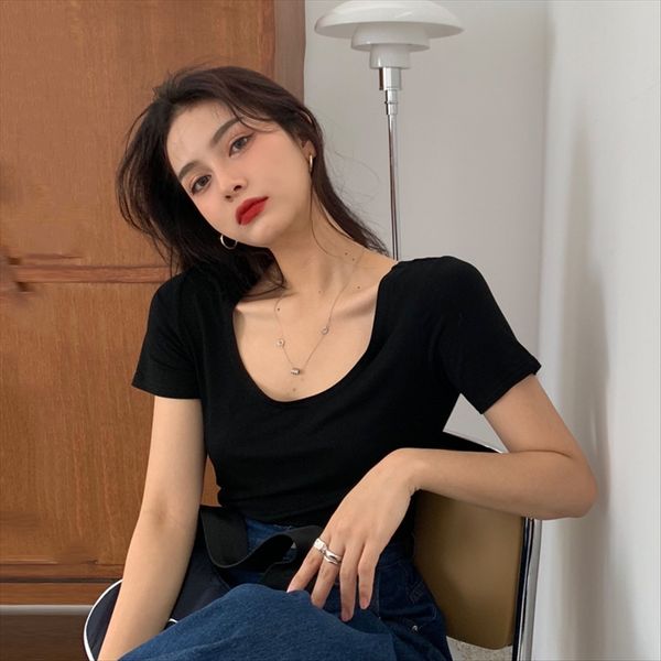 solid color with large u-neck short-sleeved t-shirt female 2020 western style elegant design solid color with large u-neck short-sleeved, White
solid color with large u-neck short-sleeved t-shirt female 2020 western style elegant design solid color with large u-neck short-sleeved, White
