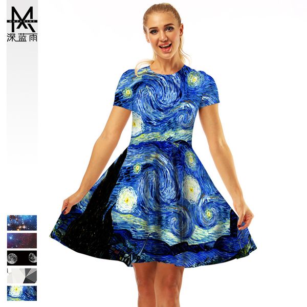popular van gogh star digital print round neck short sleeve high waist dress european and american style skirt, Black;gray
popular van gogh star digital print round neck short sleeve high waist dress european and american style skirt, Black;gray