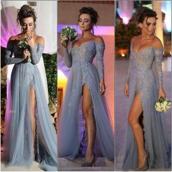 off-shoulder beaded prom dresses with long sleeve appliques sequined sparkle evening gowns side split elegant grey formal dresses, Black
off-shoulder beaded prom dresses with long sleeve appliques sequined sparkle evening gowns side split elegant grey formal dresses, Black