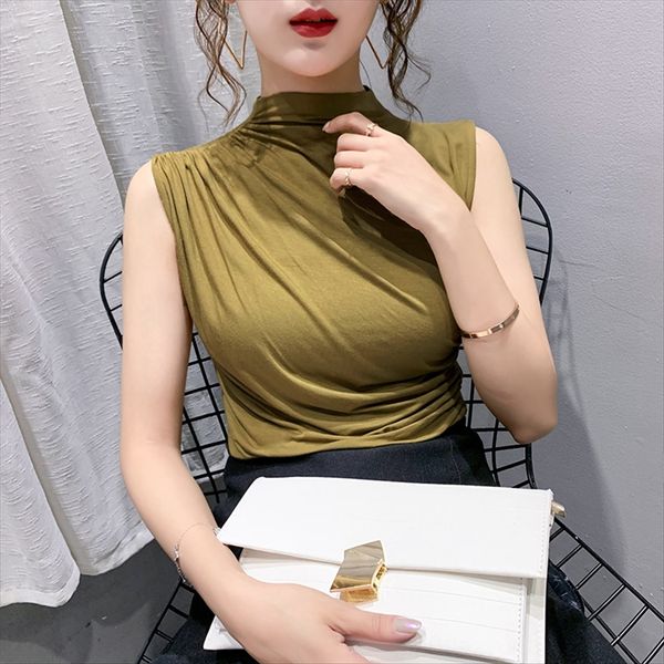 half-high collar design sense pleated women's 2020 summer sleeveless modal t-shirt slim and slim western style inner match, White
half-high collar design sense pleated women's 2020 summer sleeveless modal t-shirt slim and slim western style inner match, White