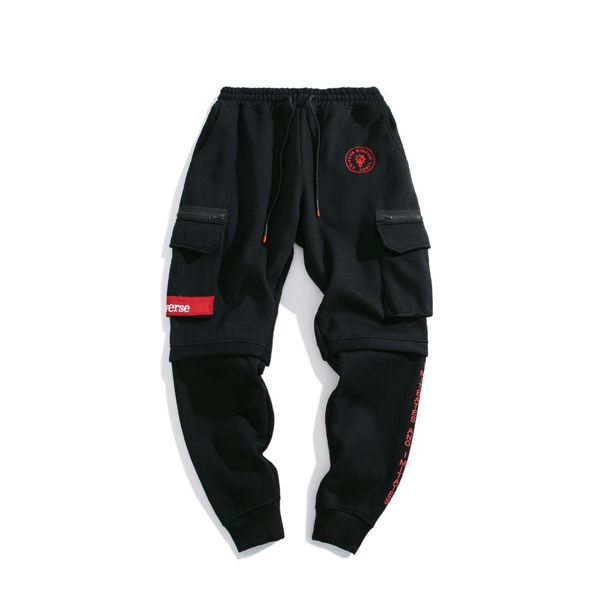side cargo pocket men sweatpant sportwear casual pants cotton zipper, Black