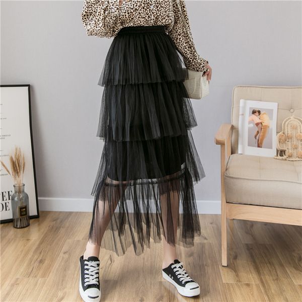 ailegogo new spring summer mesh ruffles long skirt casual female high waist four layers tulle ins sweet pleated skirts, Black