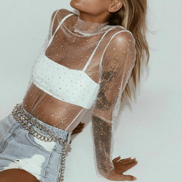 women's t-shirt roupas feminina women mesh sheer t shirt transparent turtleneck see through clothes summer female costume 2021, White
women's t-shirt roupas feminina women mesh sheer t shirt transparent turtleneck see through clothes summer female costume 2021, White