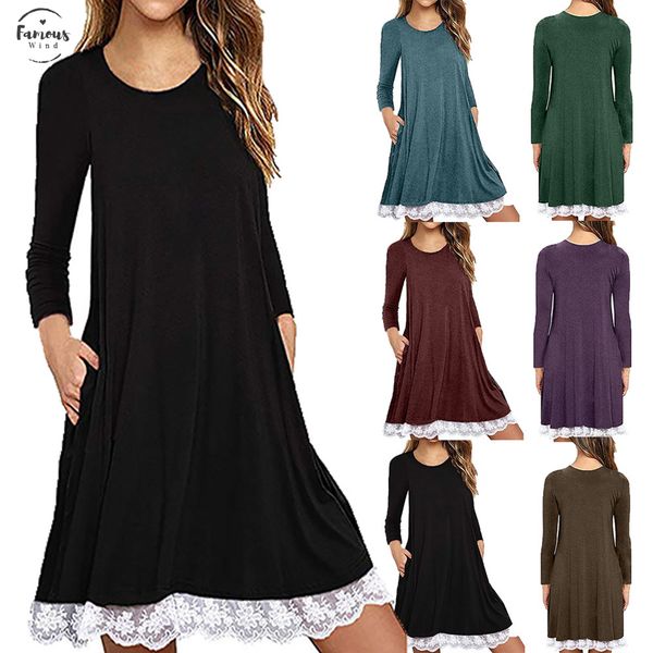2020 casual women loose dress o neck knee length solid color lace solid full sleeve swing dress family party wear vestidos by, Black;gray
2020 casual women loose dress o neck knee length solid color lace solid full sleeve swing dress family party wear vestidos by, Black;gray