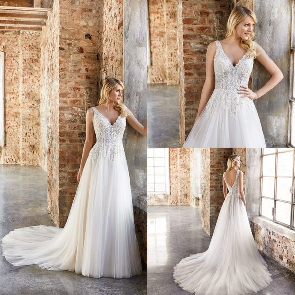 2020 a line wedding dresses v neck lace applique rhinestone wedding dresses backless sweep train bridal gowns bohemia vestidos de novia, White
2020 a line wedding dresses v neck lace applique rhinestone wedding dresses backless sweep train bridal gowns bohemia vestidos de novia, White