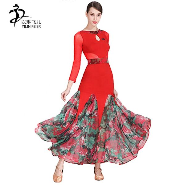 2019 new ballroom dance dress for girl long-sleeve modern dance dress, Black;red