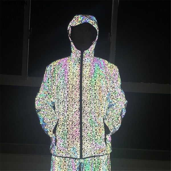 

fall men's reflective jacket couple fashion colorful reflective clothing nnight running hip hop hooded jackets streetwear hot, Black;brown