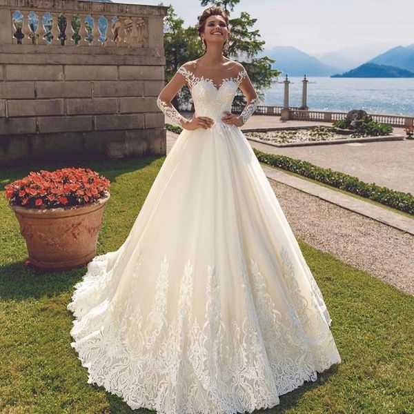 amazing a line long sleeves lace wedding dresses sheer bateau neck covered buttons back bridal gowns tulle sweep train robe de mariée, White
amazing a line long sleeves lace wedding dresses sheer bateau neck covered buttons back bridal gowns tulle sweep train robe de mariée, White