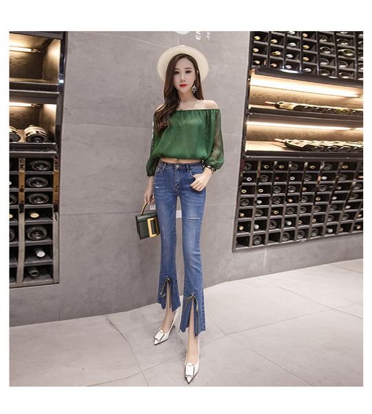 glitter blue his trousers split micro flared trousers jeans are female