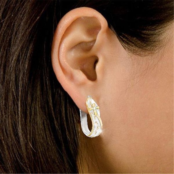women dual color footprints cross sign rhinestone hoop earrings jewelry, Golden;silver
women dual color footprints cross sign rhinestone hoop earrings jewelry, Golden;silver