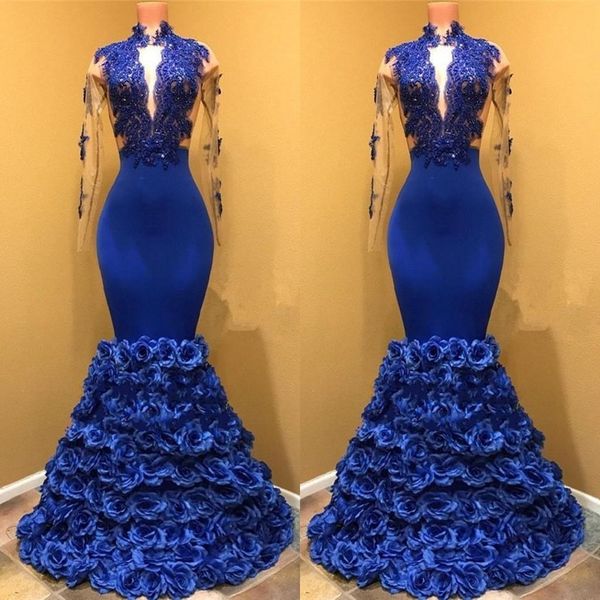 high neck royal blue mermaid prom dresses 2019 sheer long sleeves appliques rose flowers formal evening party gowns, Black
high neck royal blue mermaid prom dresses 2019 sheer long sleeves appliques rose flowers formal evening party gowns, Black