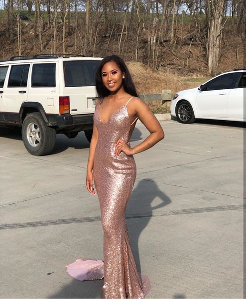 women's rose gold sequin long v-neck backless prom dresses custom made mermaid sleeveless evening gowns party dress, Black
women's rose gold sequin long v-neck backless prom dresses custom made mermaid sleeveless evening gowns party dress, Black