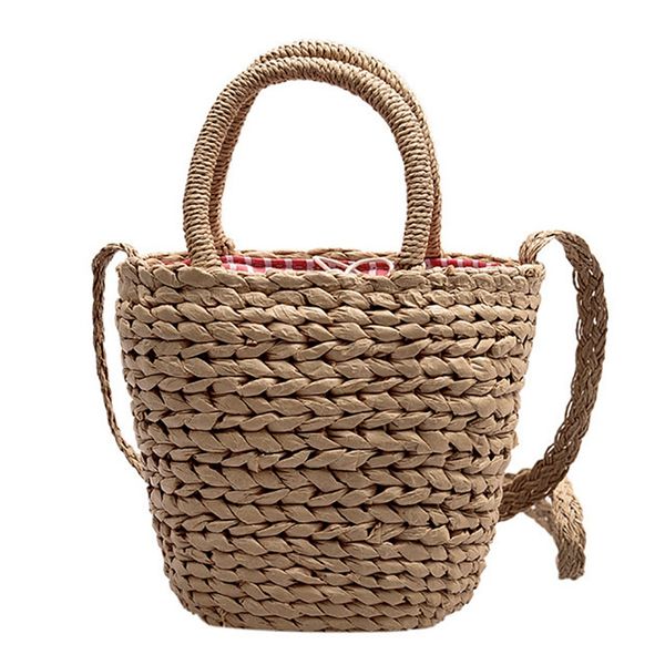 boho women handbag straw woven rattan drawstring fastening hollow out beach holiday bag