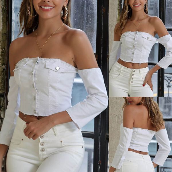 women blouses cold shoulder summe casual button denim loose tank blouse jumper pullover print long sleeve shirt, White
women blouses cold shoulder summe casual button denim loose tank blouse jumper pullover print long sleeve shirt, White