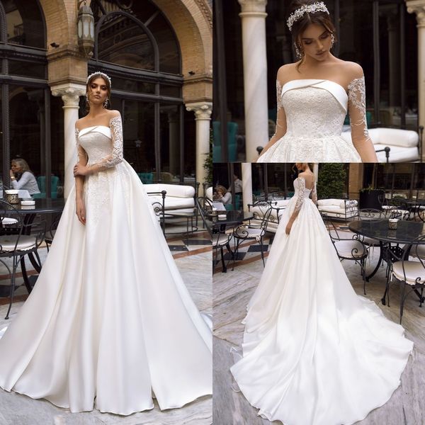 sheer long sleeves satin a line wedding dresses 2020 tulle lace applique ruched sweep train bridal wedding gowns, White
sheer long sleeves satin a line wedding dresses 2020 tulle lace applique ruched sweep train bridal wedding gowns, White