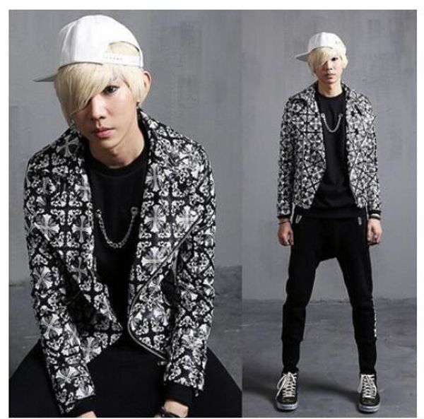 2020 trendy korean fashion trendy men's leather jacket men's leather slim motorcycle jackets costumes, Black