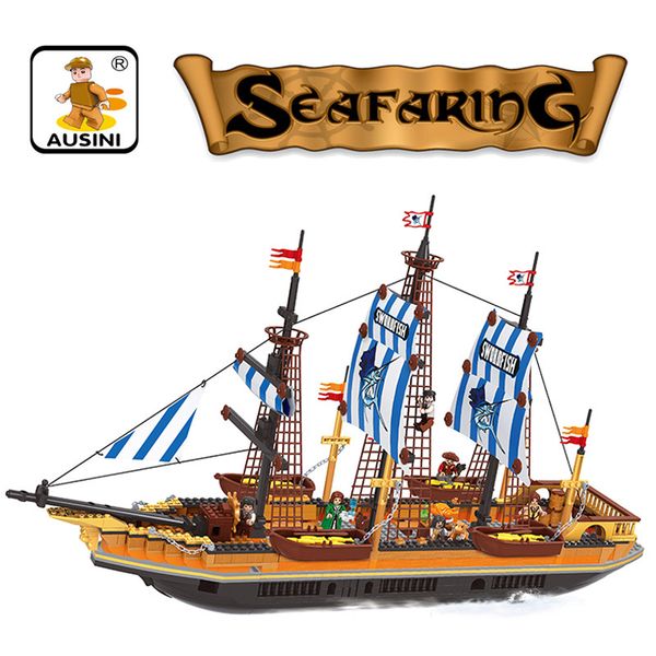 27806 large fishing boat sailing building blocks children's creative diy assembling toy pirate series building blocks